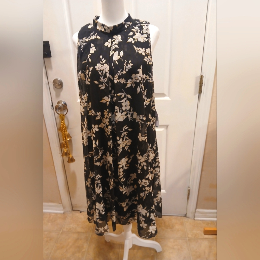Floral Black, White, and Gold Sleeveless Party Dress With Back Flowy Tie